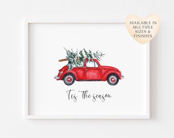 Red Christmas Car Print Vintage Xmas Tree, Holiday Wall Art (unframed)