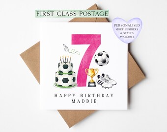 7th Birthday Card personalised pink football footy themed bday card number 7 with Envelope
