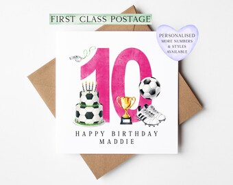 10th Birthday Card personalised pink football footy themed bday card number 10 with Envelope
