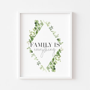 Family is everything, green wreath watercolour unframed print, family print, family home decor, home prints, hallway decor, plant prints