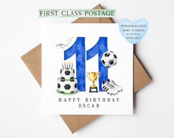 11th Birthday Card personalised football footy themed boys bday card number 11 with Envelope
