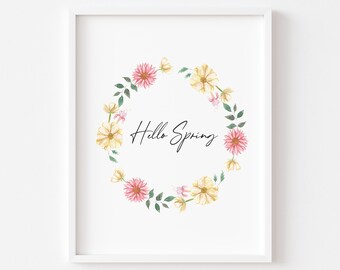Hello Spring watercolour wreath style wreath unframed wall art poster print, pink & yellow spring wreath, spring decor, home decor, spring
