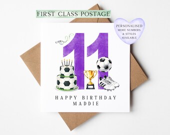 11th Birthday Card personalised purple football footy themed bday card number 11 with Envelope