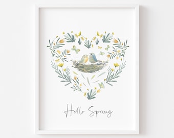 Hello Spring Watercolour Print Birds Seasonal Wall Art (unframed)