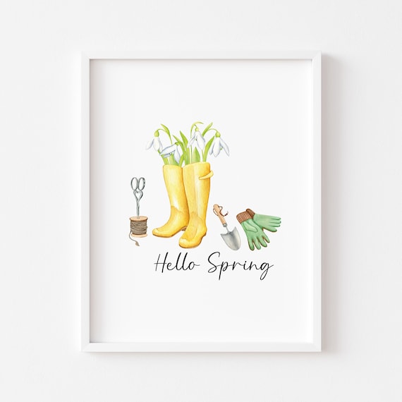 Hello Spring Print, Gardening Boots, Seasonal Home Decor (unframed)