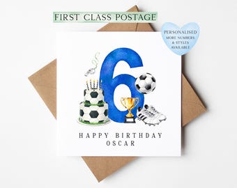 6th Birthday Card personalised football footy themed boys bday card number 6 with Envelope