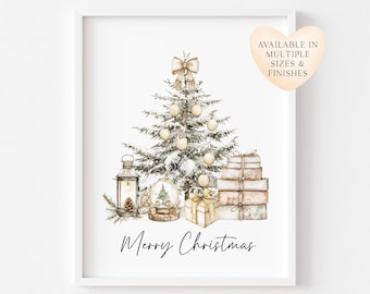 Christmas Print Watercolour Beige white red Xmas Tree Wall Art (unframed)