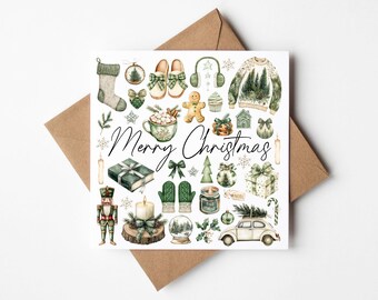 Christmas Card watercolour Merry Christmas green festive mood board