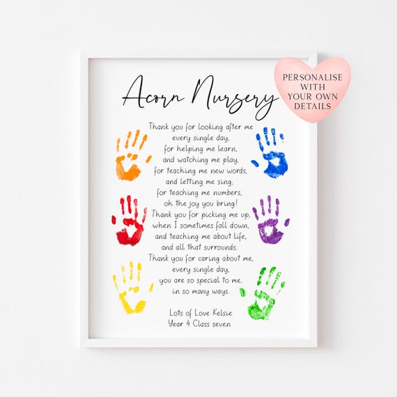 Personalised Nursery Teacher Thank You Poem Print - End of Term Gift (unframed)