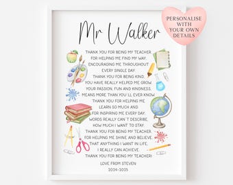 Personalised Teacher Thank You Poem Print End of Year Gift unframed wall art poster