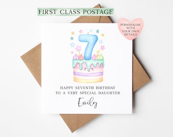 Personalised 7th Birthday Card Cake Number 7 pastel kids card (Envelope Included)