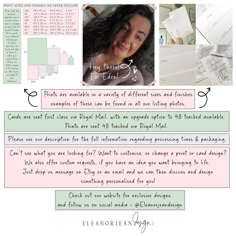 May include: An image with text and a smiling person. The text includes print sizes, finishes, and shipping information. It also mentions custom requests and social media. The image also shows examples of prints.