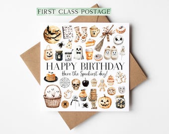Halloween Birthday Card spooky orange black & white ghost seasonal treats Halloween themed with envelope