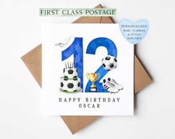 12th Birthday Card personalised football footy themed boys bday card number 12 with Envelope