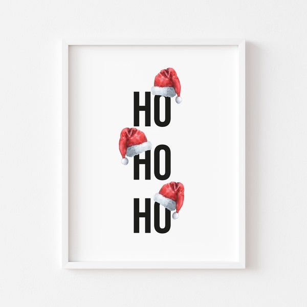 Xmas print, HO HO HO Santa hat watercolour christmas seasonal illustration unframed print|Christmas|xmas decor|seasonal decor|seasonal|hoho