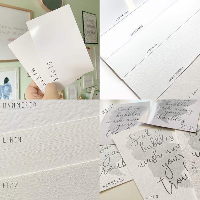 Puede incluir: Muestras de papel blanco con diferentes acabados: brillo, mate, lino, martillado y fizz. La imagen tambi&eacute;n muestra tarjetas con el texto "Soak in bubbles wash away your troubles" en varios acabados.