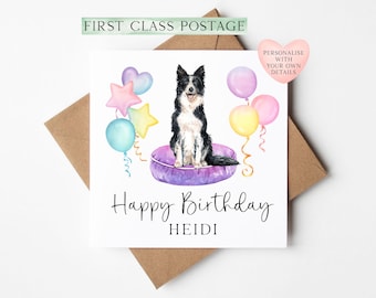 Personalised Border Collie Birthday card, custom dog & balloons Collie lover gift