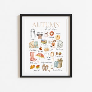 K&ouml;nnte beinhalten: Eine Aquarell-Illustration von Herbstfavoriten, darunter kuschelige Pullover, warme Decken, K&uuml;rbisse, hei&szlig;e Getr&auml;nke und fallende Bl&auml;tter. Der Text "AUTUMN Favourites" befindet sich oben im Bild.