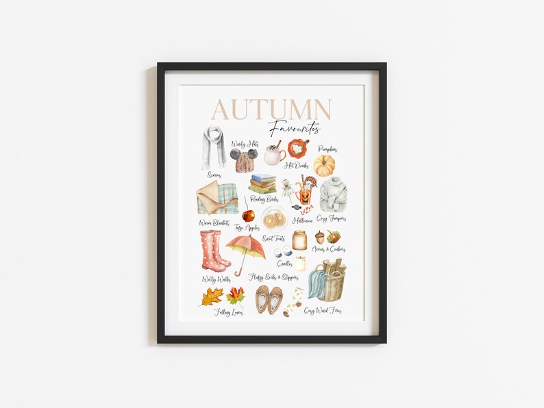 K&ouml;nnte beinhalten: Eine Aquarell-Illustration von Herbstfavoriten, darunter kuschelige Pullover, warme Decken, K&uuml;rbisse, hei&szlig;e Getr&auml;nke und fallende Bl&auml;tter. Der Text "AUTUMN Favourites" befindet sich oben im Bild.