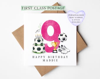9th Birthday Card personalised pink football footy themed bday card number 9 with Envelope