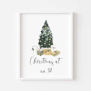 Personalised Christmas house print, christmas at no/Christmas with the seasonal watercolour xmas tree unframed wall art poster print,