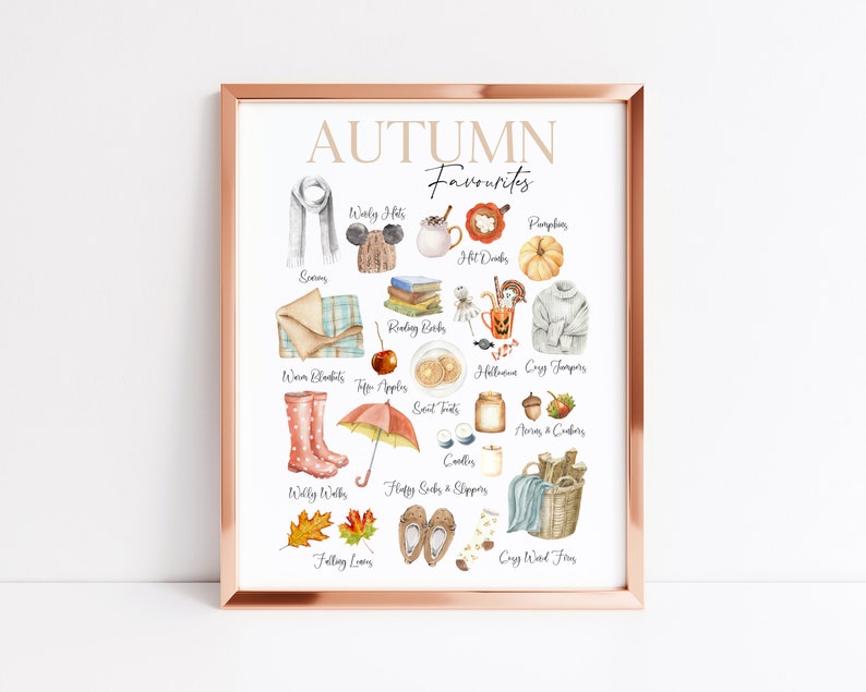 K&ouml;nnte beinhalten: Eine Aquarell-Illustration von Herbstfavoriten, darunter kuschelige Pullover, warme Decken, hei&szlig;e Getr&auml;nke, K&uuml;rbisse, fallende Bl&auml;tter und mehr. Der Text "AUTUMN Favourites" befindet sich oben auf der Illustration.