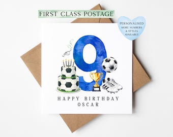 9th Birthday Card personalised football footy themed boys bday card number 9 with Envelope