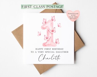 Personalised Pink Butterfly 1st Birthday Card for Girls, Daughter, Granddaughter (Envelope Included)