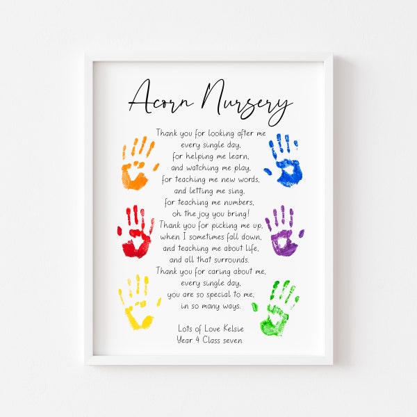 Personalised Thank you Nursery teacher poem unframed print, personalised unique end of term thank you gift for nurseries, teachers, schools.