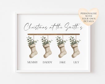 Personalised Christmas stocking family print green eucalyptus stockings unframed wall art poster print