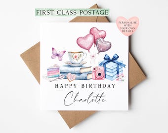 Birthday Card Personalised Pastel luxury cake sweets books Unique Design
