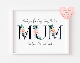 Floral Mum Print, Mother's Day Gift, Personalised Mum Wall Art (unframed)