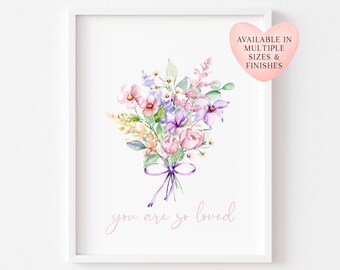 Bedroom print Wildflower Bouquet Print Purple Pink Floral Wall Art (unframed)