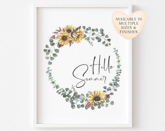 Sunflower Eucalyptus Wreath Print Hello Summer Wall Art (unframed)