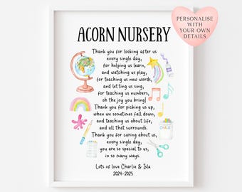 Personalised Nursery Teacher Thank You Poem unframed wall art poster print