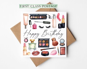 Make up Birthday Card watercolour cosmetics women's unique Design with Envelope