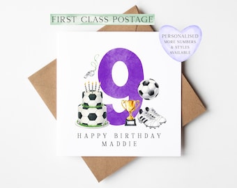 9th Birthday Card personalised purple football footy themed bday card number 9 with Envelope