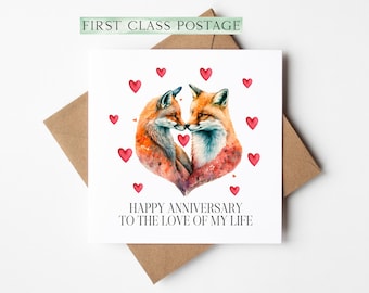 Anniversary card Foxes animal couples red love hearts with card envelope