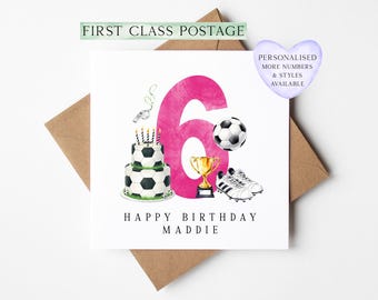 6th Birthday Card personalised pink football footy themed bday card number 6 with Envelope