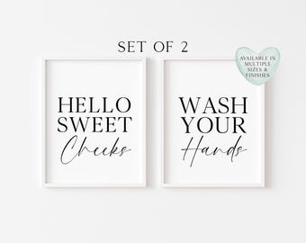 Funny Bathroom Prints Set: Hello Sweet Cheeks, Wash Your Hands - Unframed Wall Art