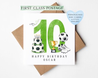 10th Birthday Card personalised football footy themed GREEN bday card number 10 with Envelope