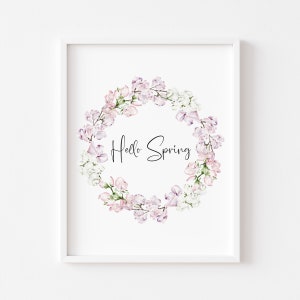 Hello Spring light pink watercolour floral unframed wall art poster print, spring decor, spring pictures, spring wall art,pink & green decor