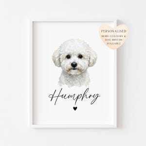 May include: A framed watercolour print of a white Bichon Frise dog. The dog's name, "Humphry", is written in cursive below the image, with a small black heart. A heart-shaped tag says "Personalised More Colours & Dog Breeds Available".