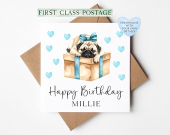 Personalised Pug Birthday card, custom dog pug lover gift