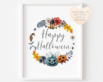 Watercolour Halloween Wreath Print Spooky Seasonal Wall Art (unframed)