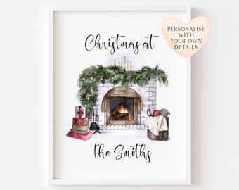Personalised Christmas Fireplace Print Watercolour Family Name Wall Art (unframed)