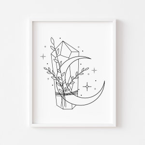May include: A black and white line drawing of a crystal with a crescent moon behind it. The crystal is surrounded by small sprigs of leaves.