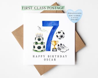 7th Birthday Card personalised football footy themed boys bday card number 7 with Envelope