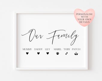 Personalised Family Hearts Print Custom unframed Home Wall Art