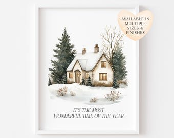 Christmas Print, Green white xmas scenery home xmas landscape Wall Art (unframed)